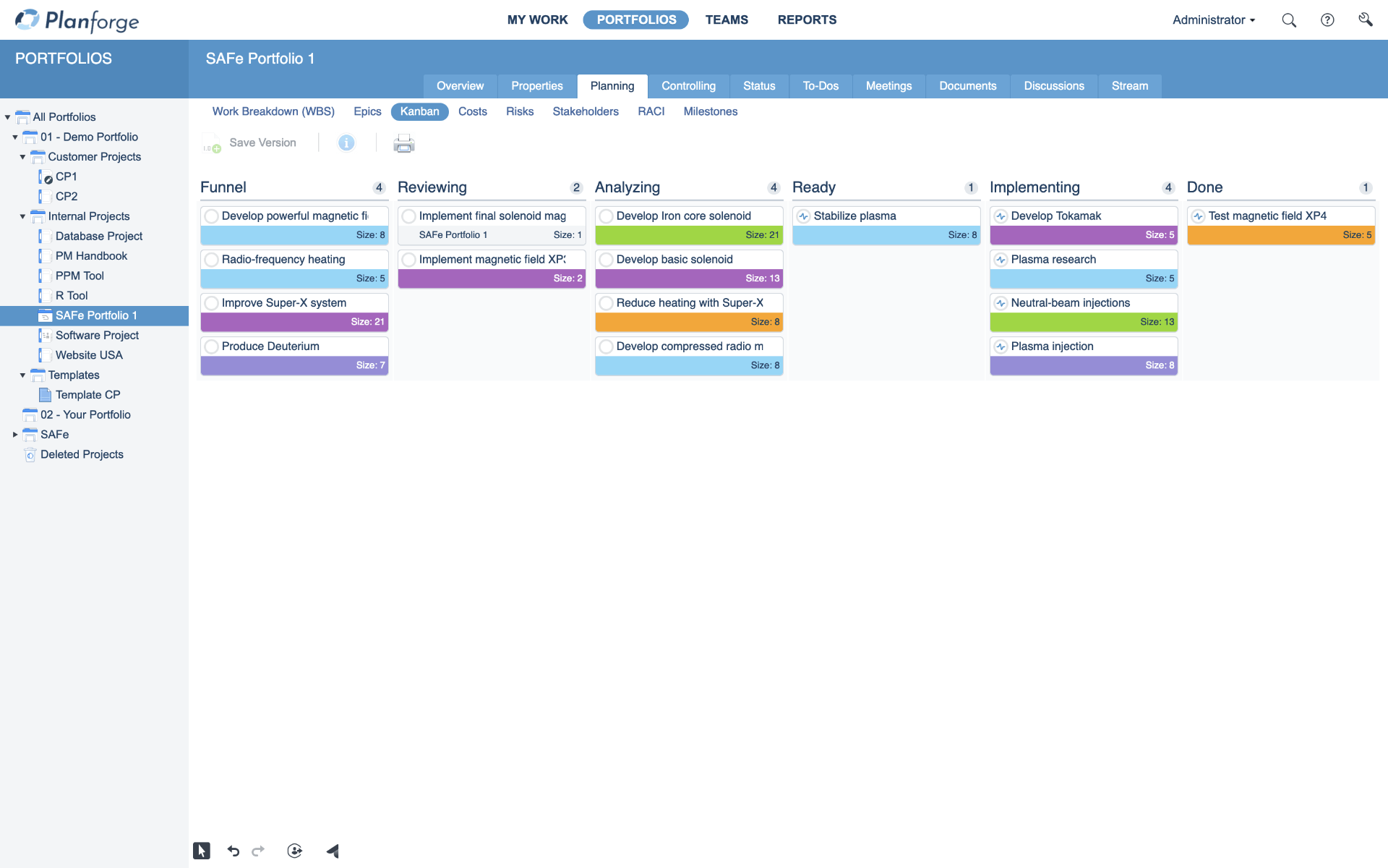 Portfolio Kanban Board SAFe Lean Portfolio Software von Planforge