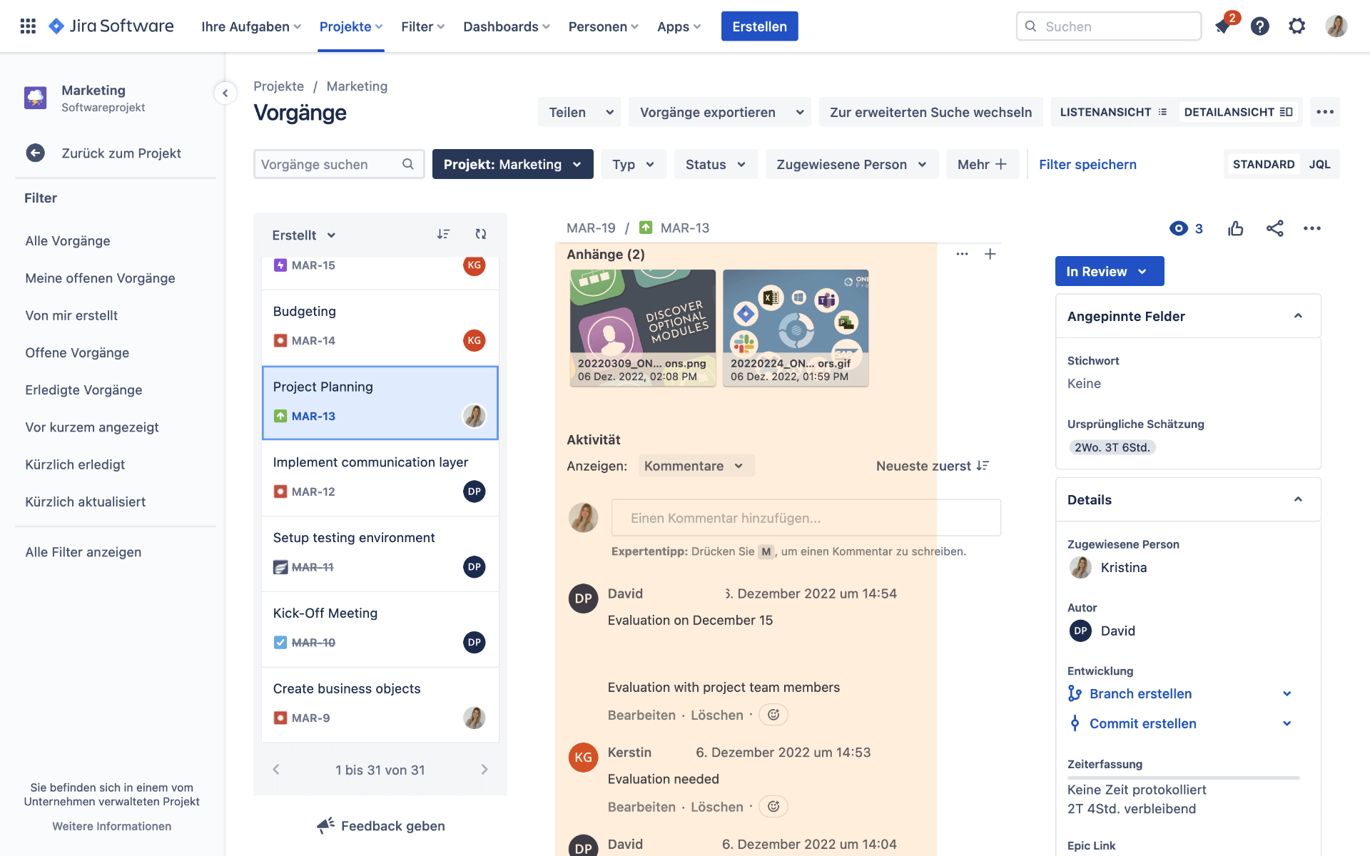 Jira Software Vorgänge Anhänge und Kommentare synchronisiert mit Planforge