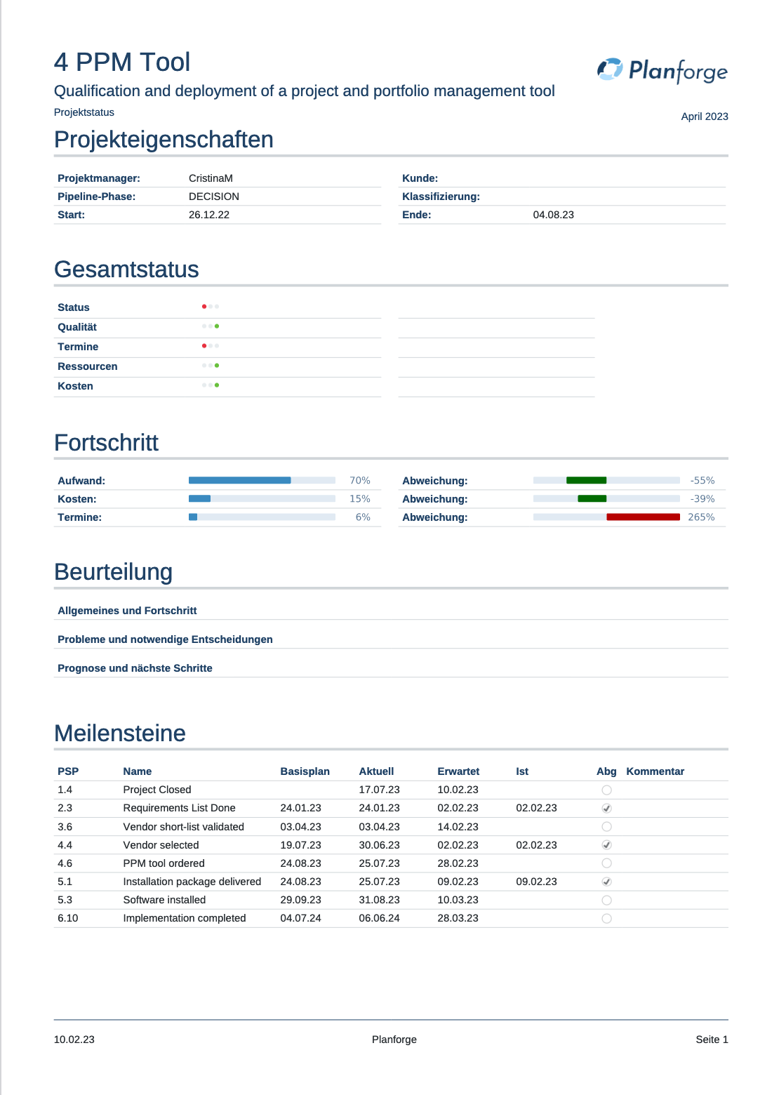 Projektstatusbericht Projektmanagement Software von Planforge