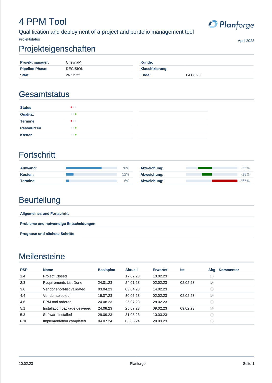 Projektmanagement Statusbericht Seite-1 Software von Planforge