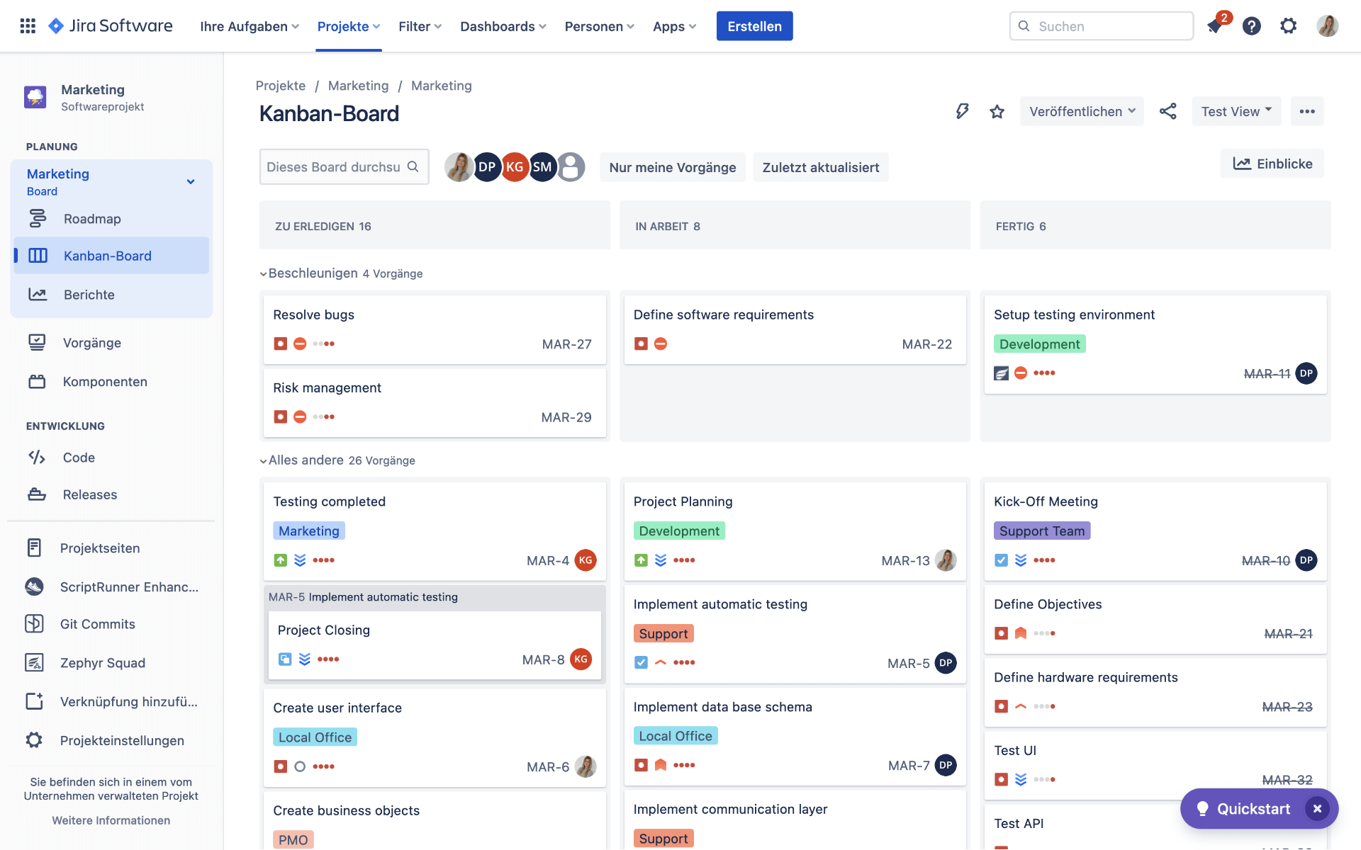 Jira Software Kanban Board Vorgänge synchronisiert mit Planforge
