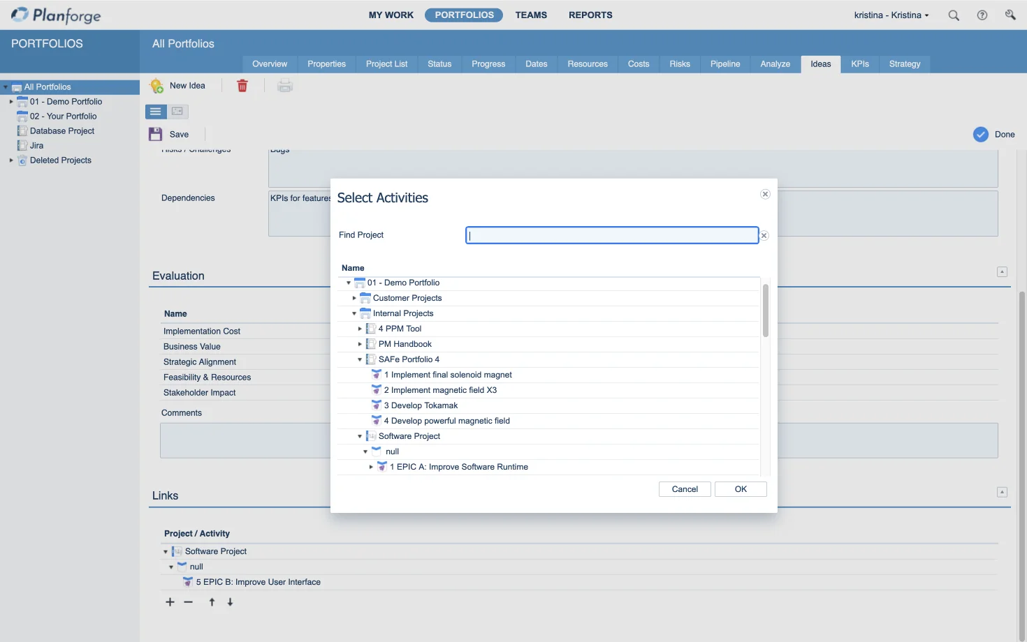 Idea Management software link projects and safe epics software by planforge
