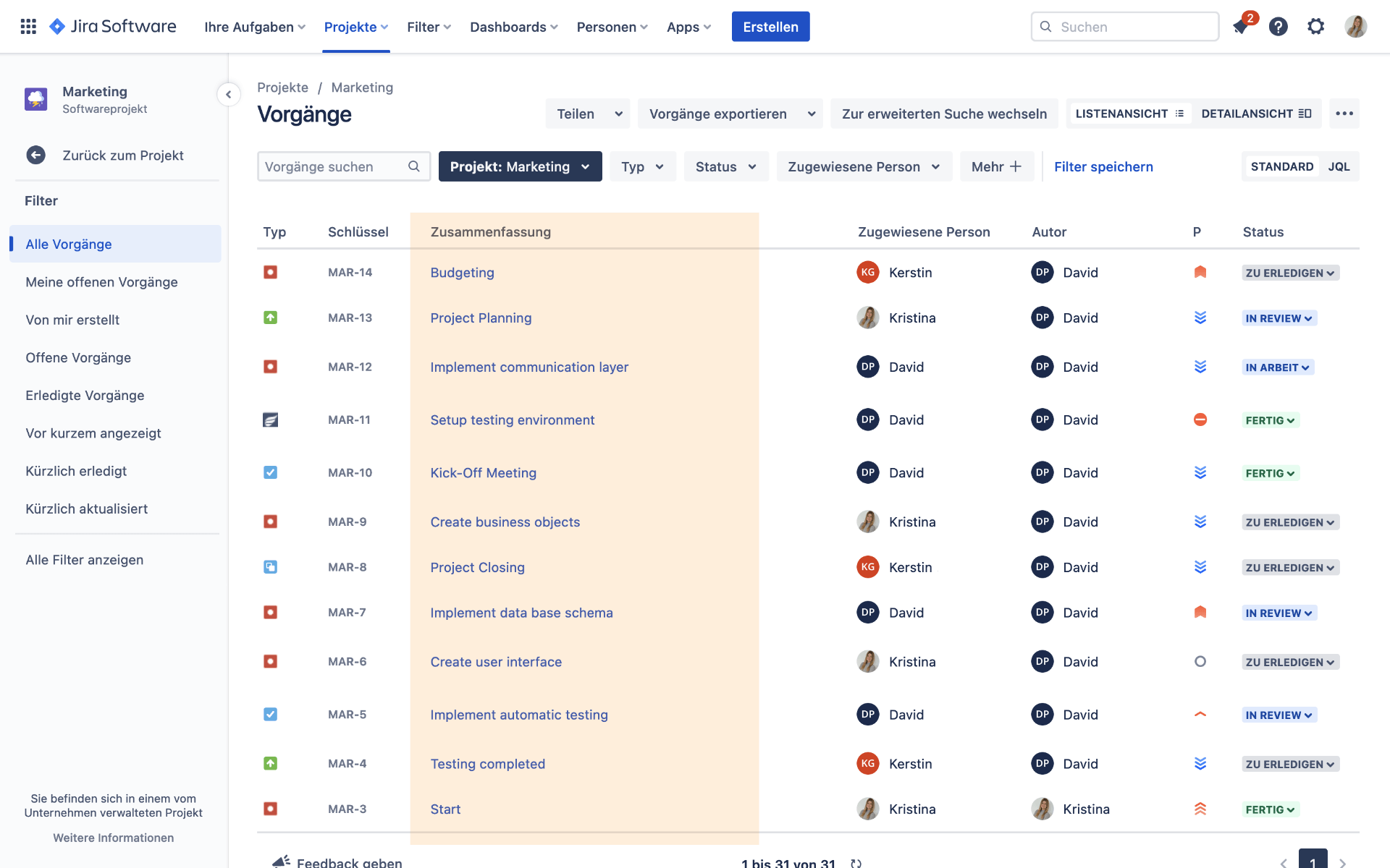 Jira Software Vorgangsliste Synchronisiert mit Planforge