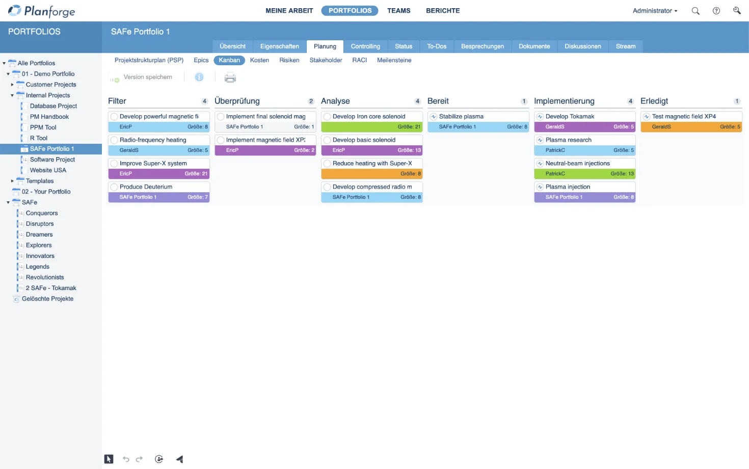 Portfolio SAFe Portfolio Kanban Board Enterprise Agile Planning Tool Software von Planforge