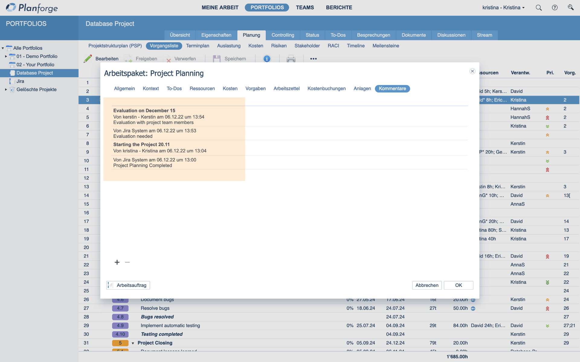 Projektmanagement Kommentare Controlling Aktivitäten Software von Planforge
